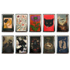 A collection of twelve vintage metal cards and cash cases featuring various artistic designs including flowers, cats, and lan