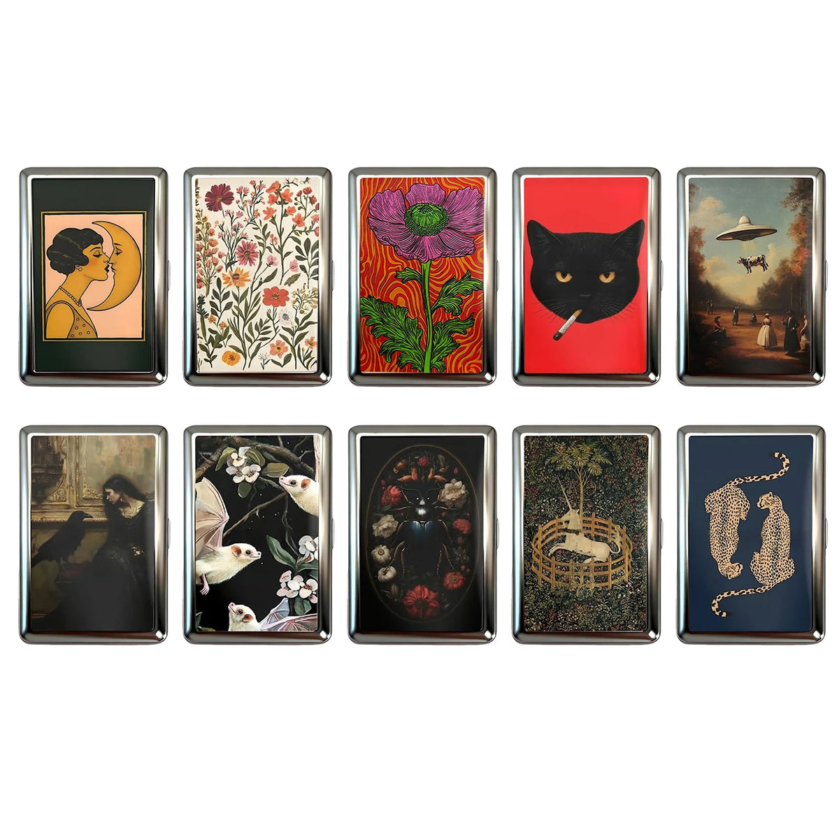 A collection of twelve vintage metal cards and cash cases featuring various artistic designs including flowers, cats, and lan