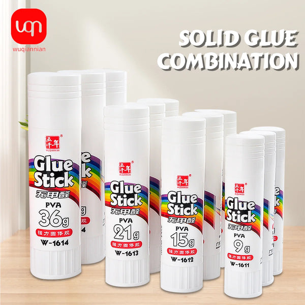 A collection of white Glue Stick products with various sizes and PVA materials displayed on a wooden surface.