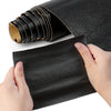 Hands are peeling a strip of black self-adhesive leather repair tape from a roll.