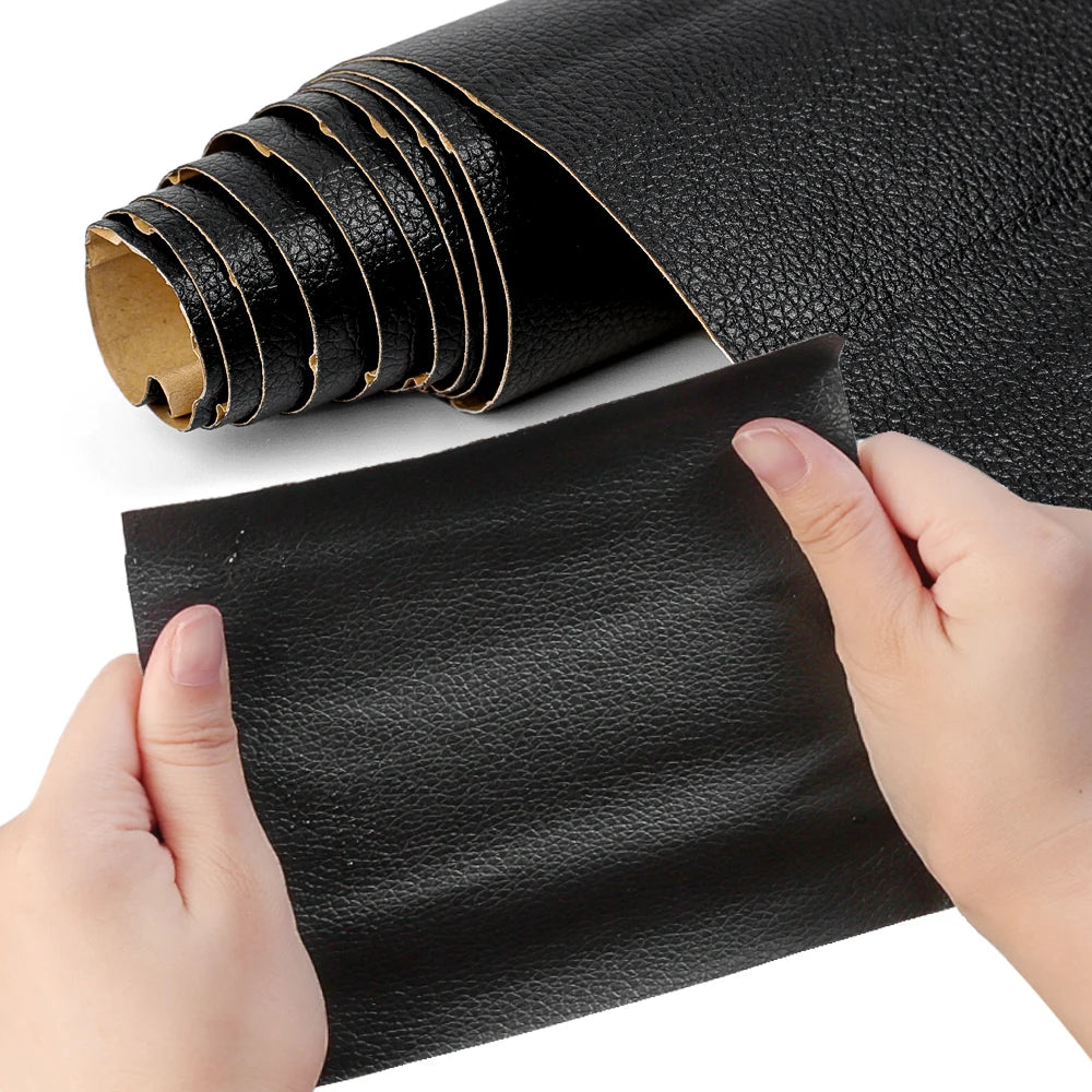 Hands are peeling a strip of black self-adhesive leather repair tape from a roll.