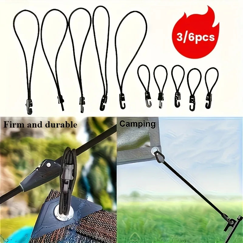 A set of three heavy-duty elastic tie-down straps with hooks shown alongside a camping application.