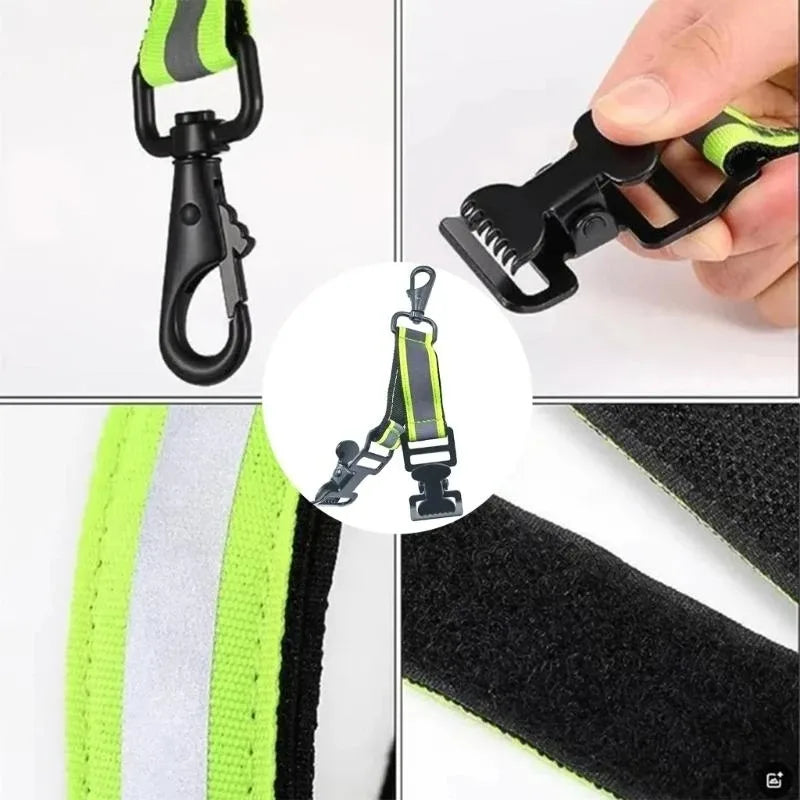 Black and neon green glove keeper clips with straps shown in various angles