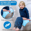 A young child sits on a toilet protected by a blue disposable seat cover, emphasizing comfort and germ protection.