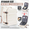 A cream colored RyanAir size backpack shown with features for air intake and squeezing out the air.