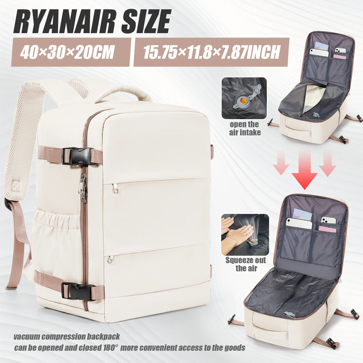 A cream colored RyanAir size backpack shown with features for air intake and squeezing out the air.