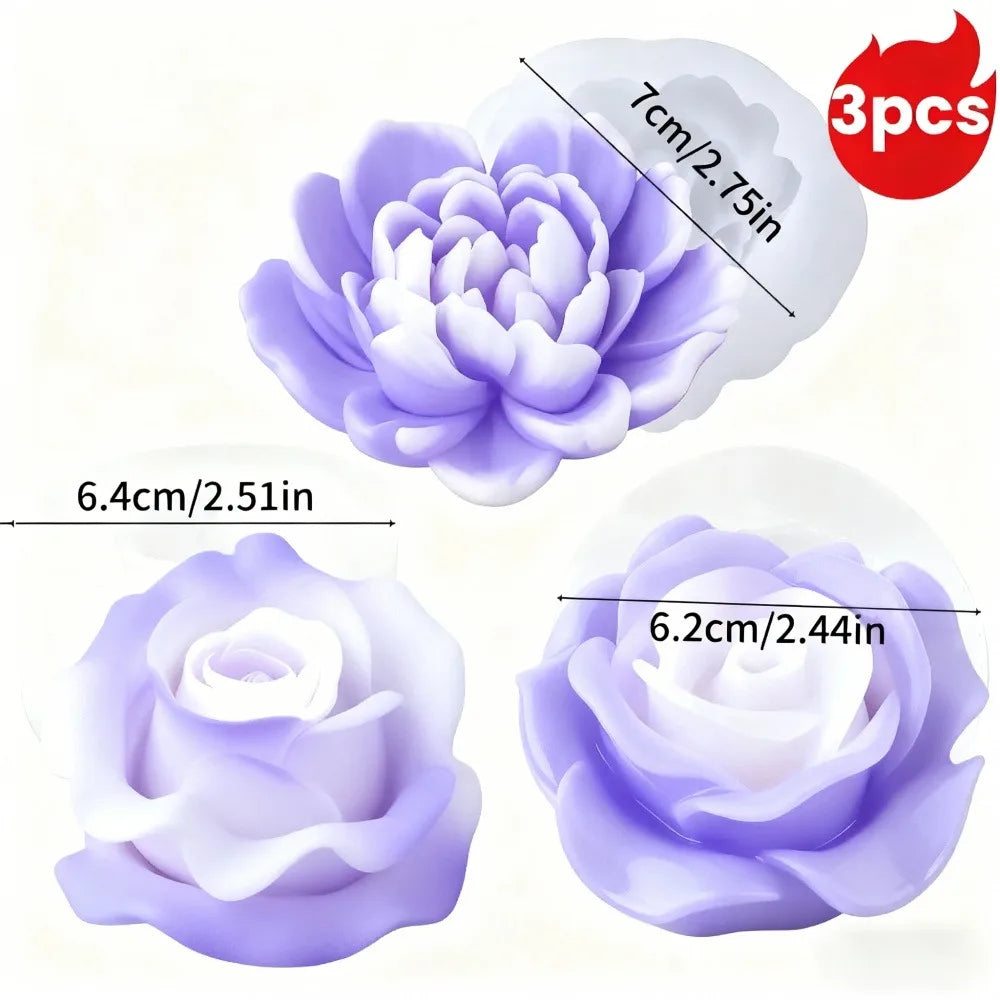 Three silicone rose molds in light purple color with dimensions 7cm/2.75in and 6.4cm/2.51in