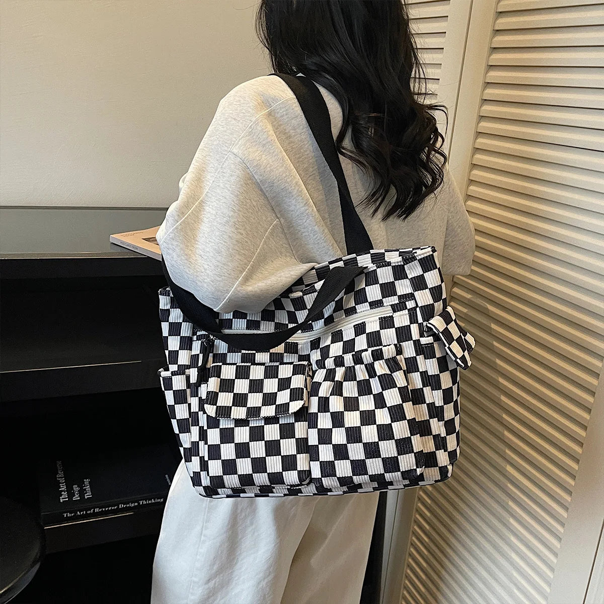 Corduroy Checkerboard Tote Bag with Multiple Pockets