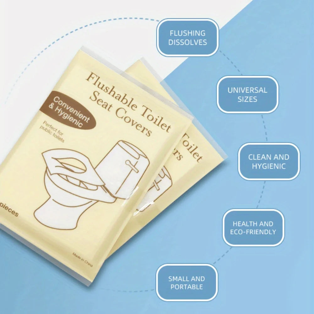 Pack of flushable seat covers for toilets, designed to be convenient and hygienic.