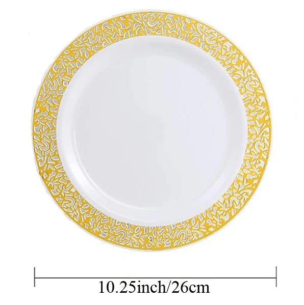 Elegant White Disposable Dinner Plates with Silver Lace Design