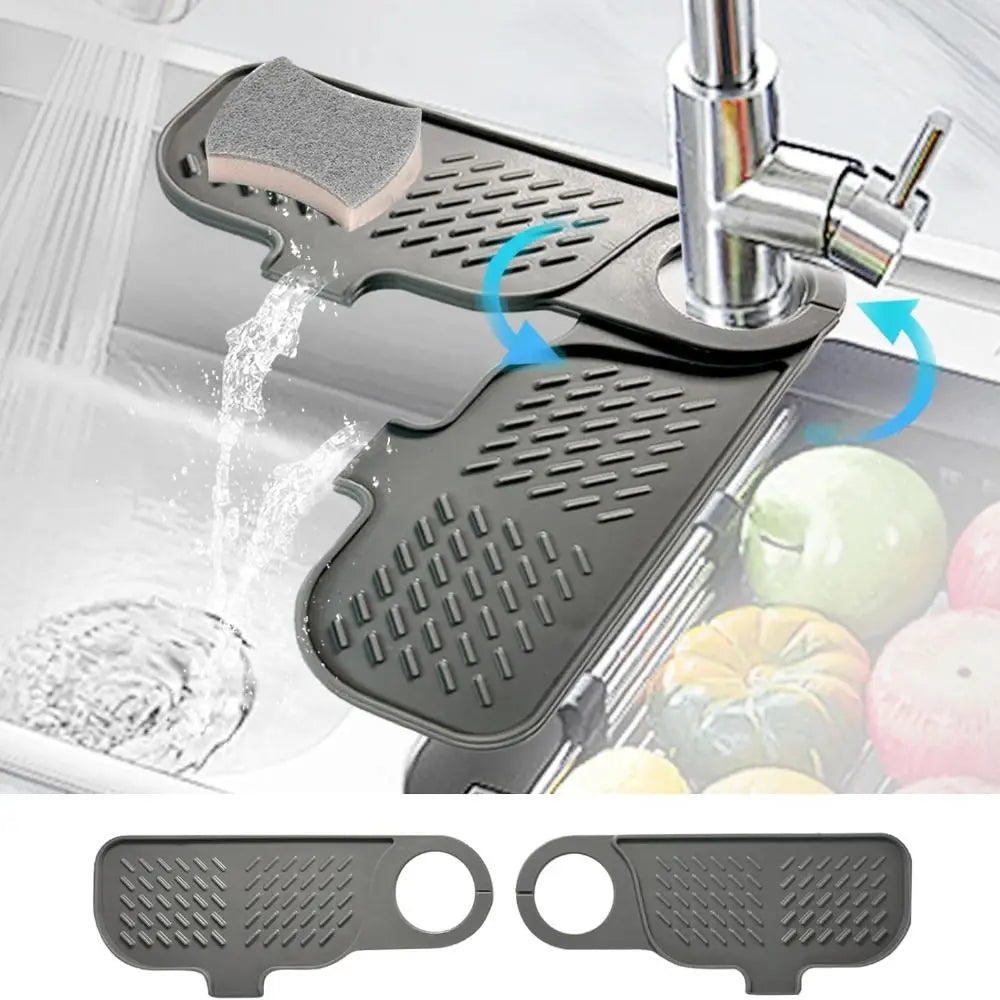 A silicone sink faucet mat with a rotating splash guard is shown in use over a kitchen sink.