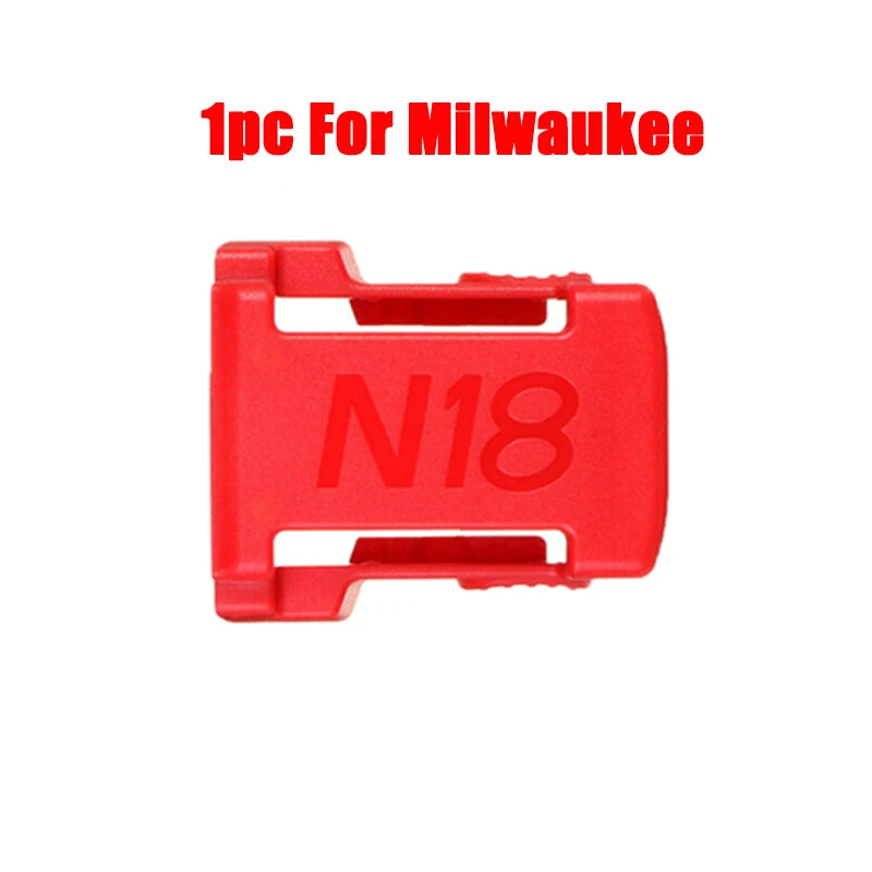 A red wall-mount battery holder labeled N18 for Milwaukee 18V power tools.