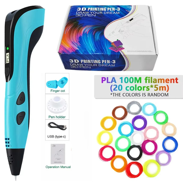 Blaues 3D-Druck-Stift mit LED-Anzeige und Filamentfarben in einer Box.