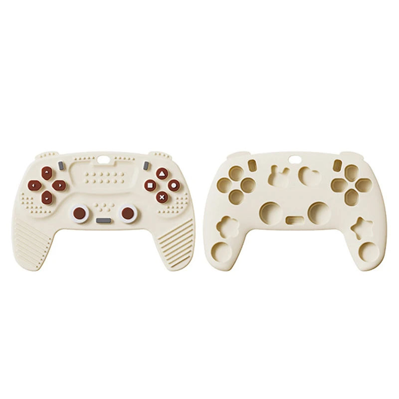 A beige silicone baby teether remote control toy with various buttons and shapes for teething.