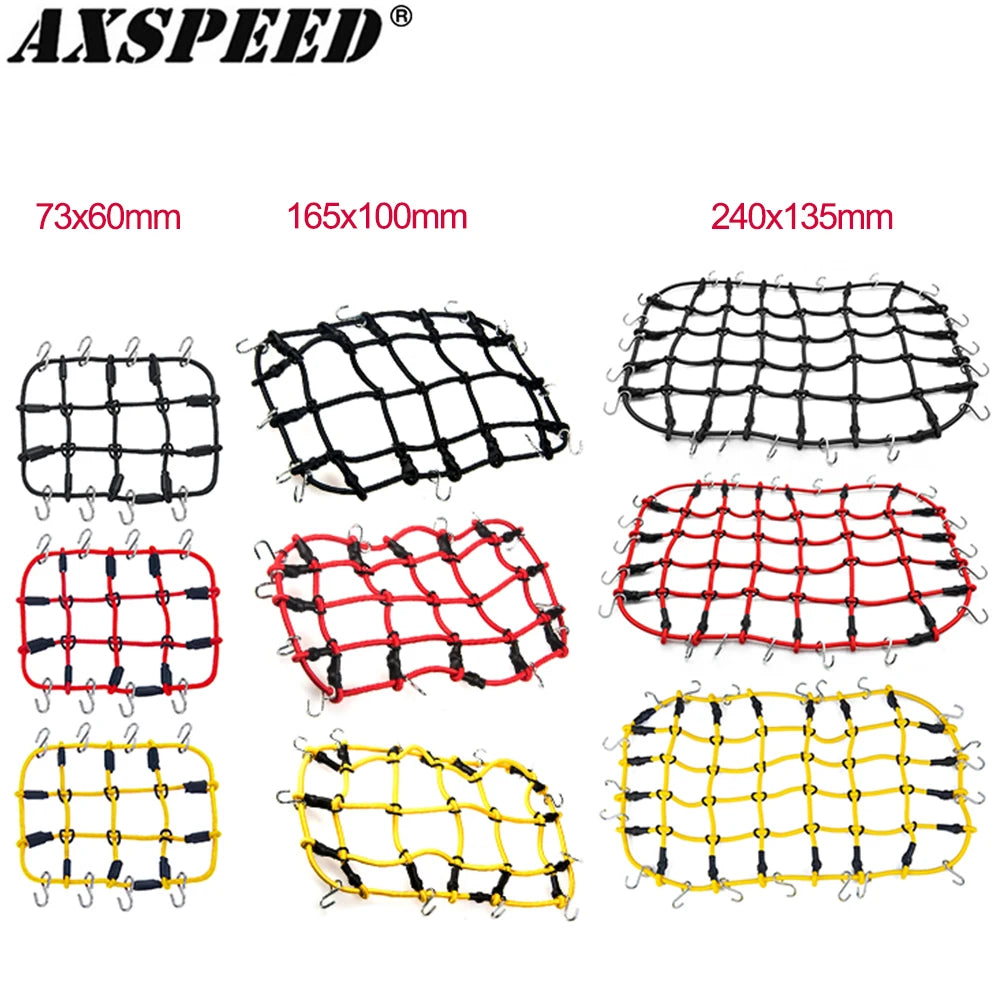 Various colored elastic roof rack luggage nets for RC crawlers shown in different configurations