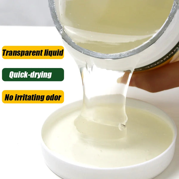 A transparent liquid sealant is being poured from a glass container into a white dish, highlighting its quick-drying and non-