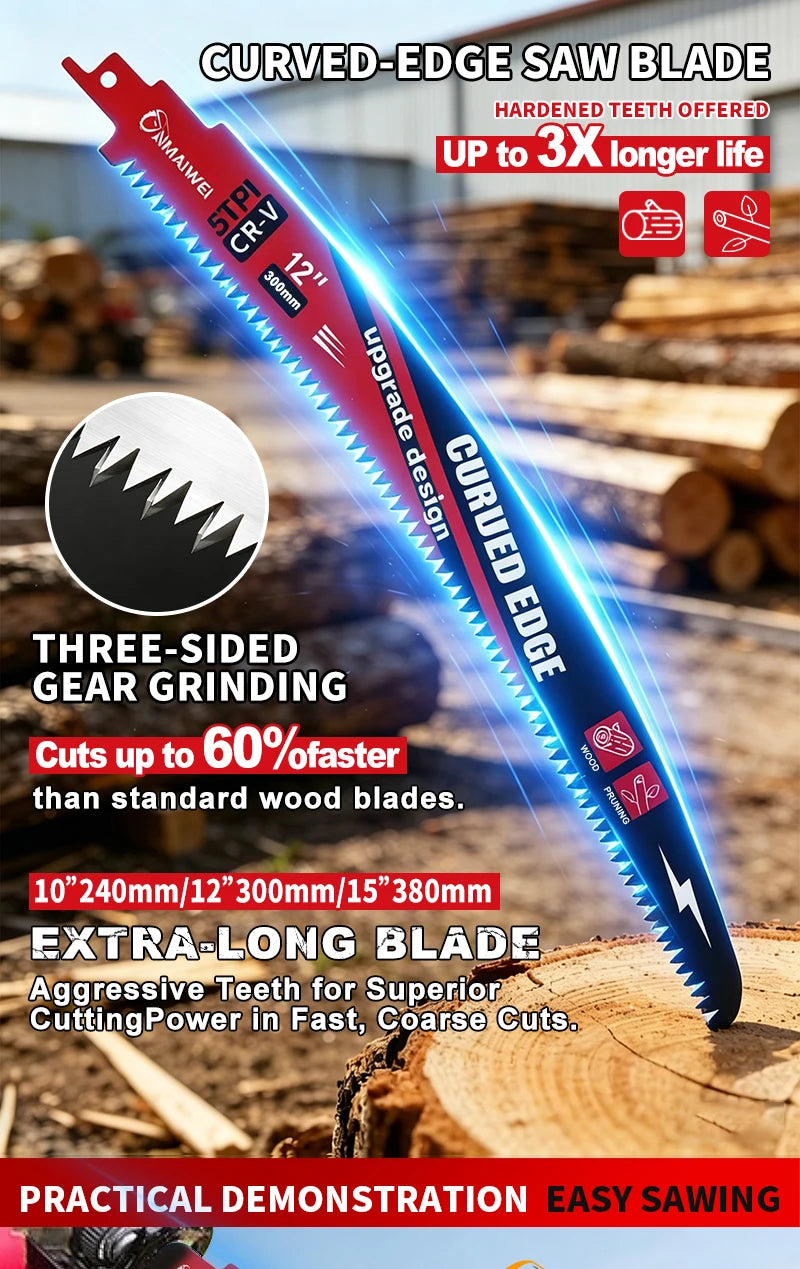 A curved-edge saw blade with hardened teeth and upgrade design shown for wood cutting.