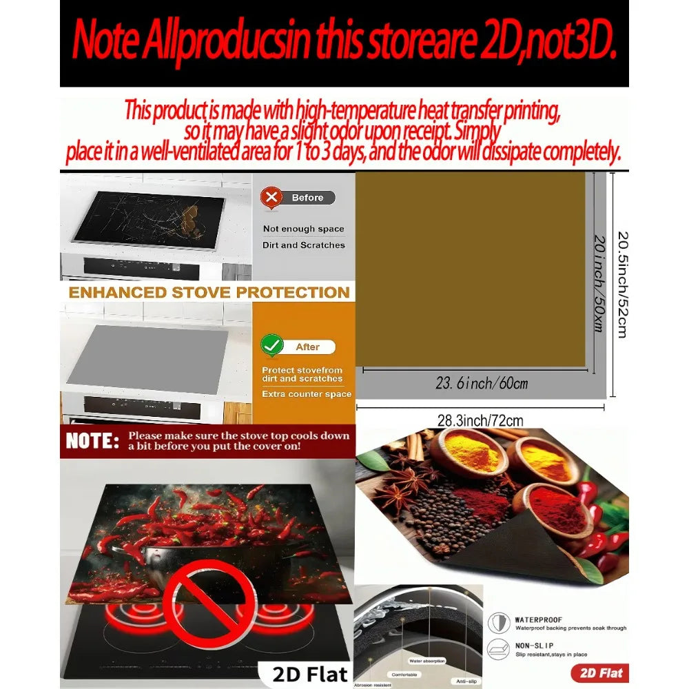 Black decorative stove top cover with red accents and a non-slip silicone mat shown on a stovetop.
