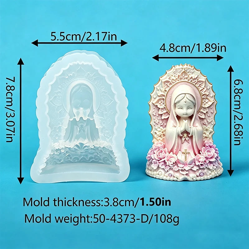 A pair of silicone molds for crafting featuring a praying girl design in translucent and pink colors.