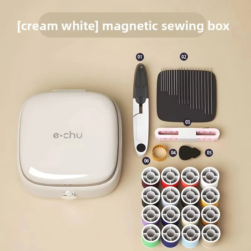 A white magnetic sewing box with a set of needles and thread colors displayed next to it.