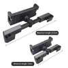 Black adjustable car tablet mount designed for rear seat entertainment with maximum and minimum length specifications