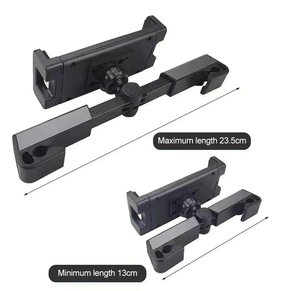 Black adjustable car tablet mount designed for rear seat entertainment with maximum and minimum length specifications