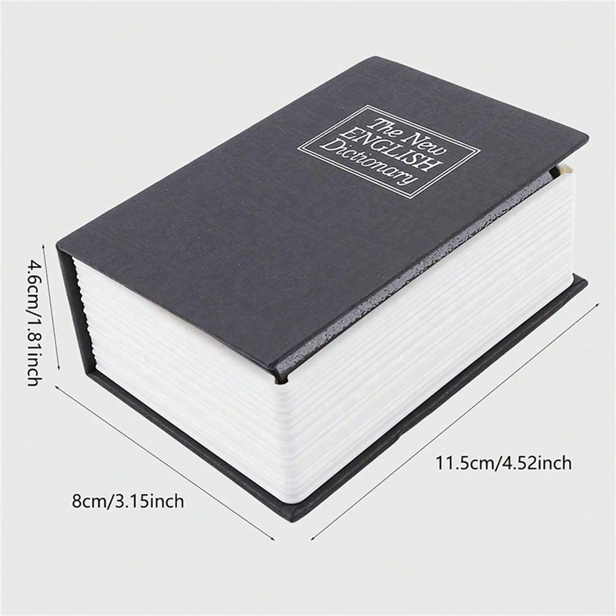 Libro de diccionario gris oscuro titulado The New English Dictionary con un candado en la cubierta.