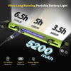 A portable battery light in lime green with a hook, showing various run times and charging options.