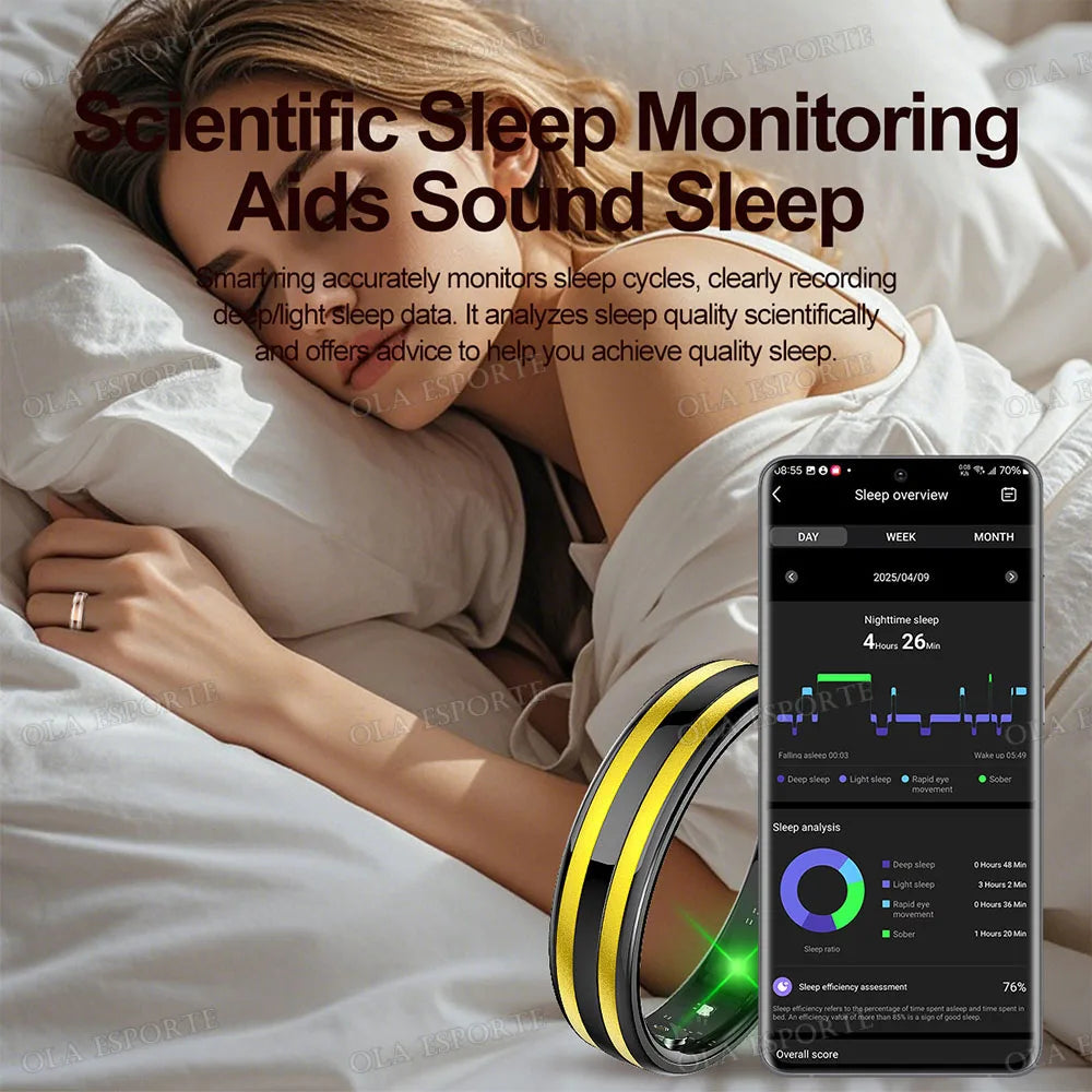 A woman is wearing a black and gold smart health ring while sleeping, with a sleep monitoring app displayed nearby.