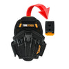 A black heavy duty electrician tool pouch with an orange handle and multiple pockets.
