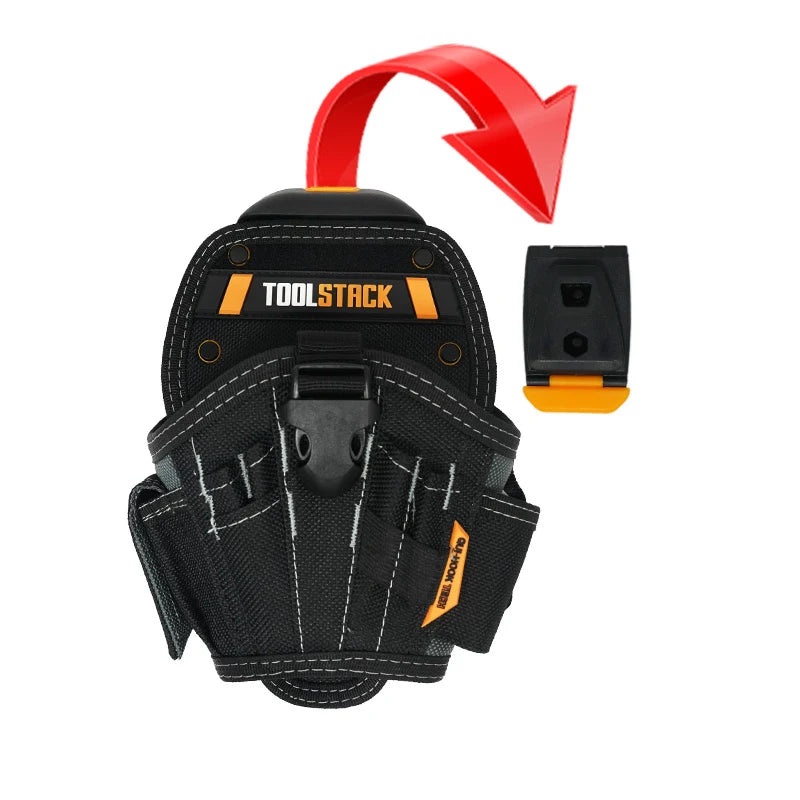 A black heavy duty electrician tool pouch with an orange handle and multiple pockets.