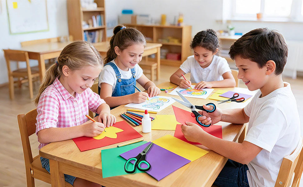 A boy and a girl are using multipurpose stainless steel scissors to cut colored paper at a wooden table.