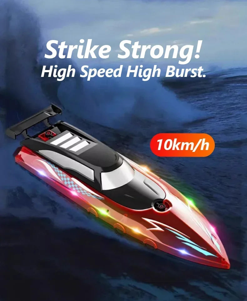 A red high-speed RC speedboat with bright LED lights is shown in flight over the water.