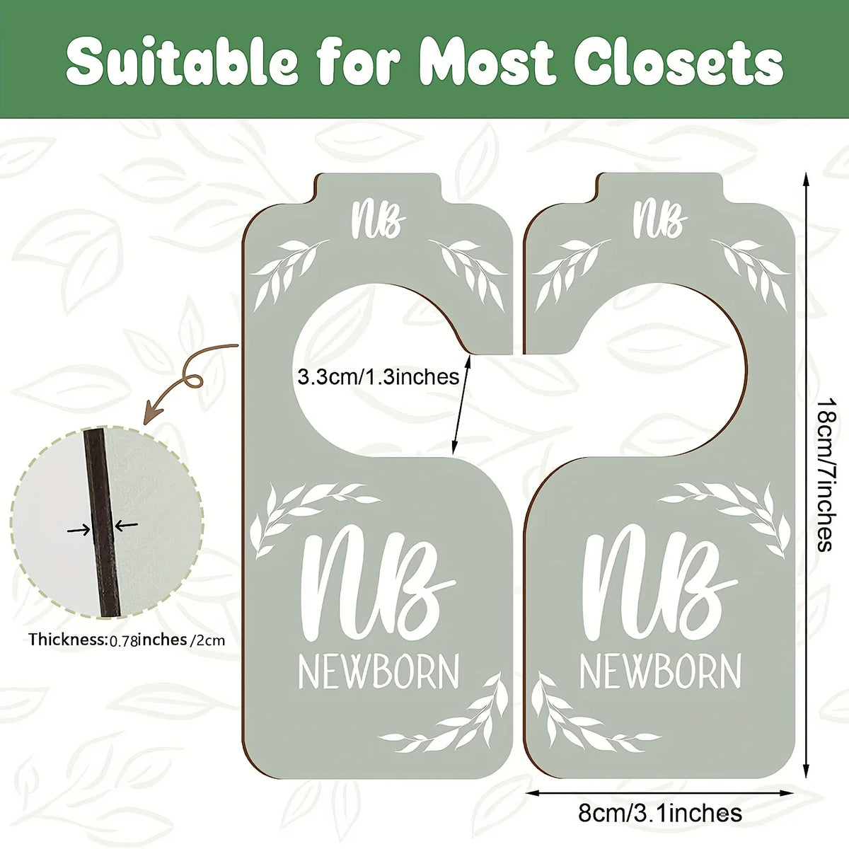 A set of wooden closet dividers with newborn labels and foliage designs, suitable for most closets.