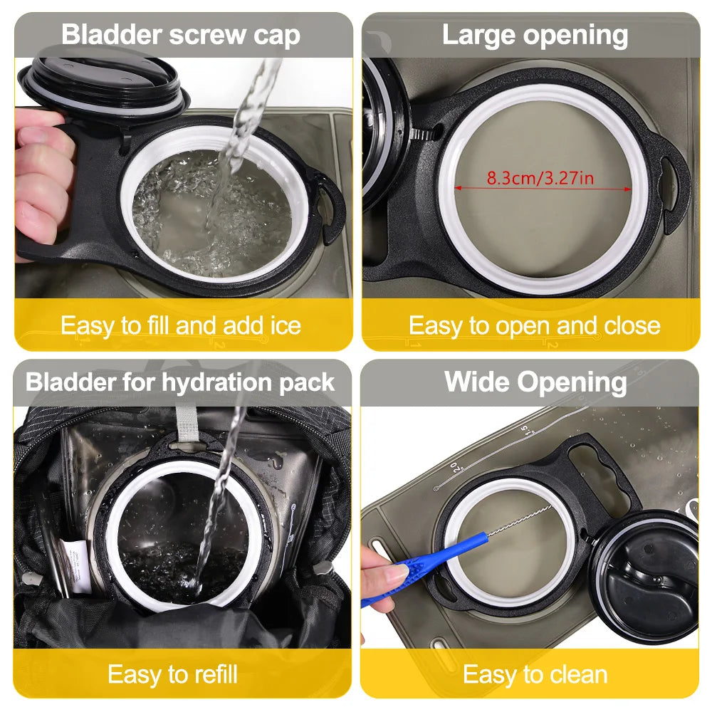 Various views of a collapsible hydration bladder showing easy filling, opening, and cleaning features.