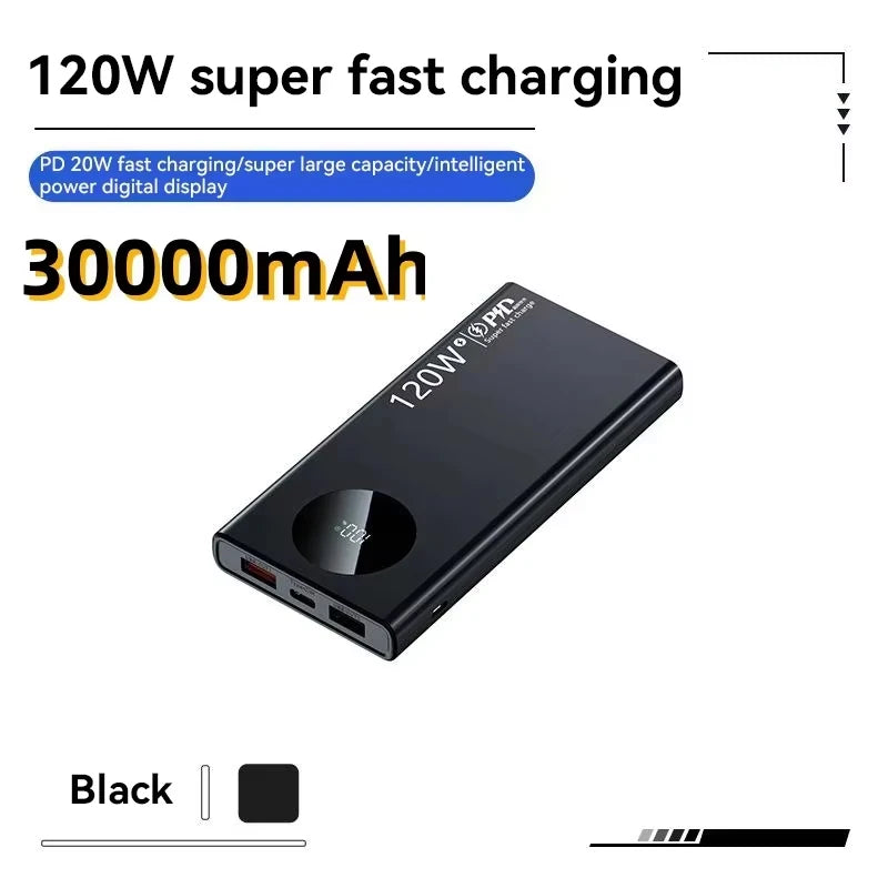 Schwarze 30000mAh 120W Super-Schnelllade-Powerbank mit Digitalanzeige.