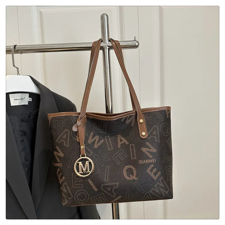 Large Capacity Letter-Print PU Leather Tote Bag