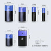 Various sizes of 1.5V and 9V button batteries shown with dimensions.