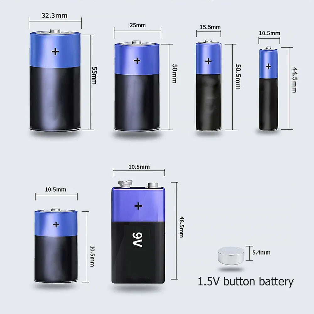 Various sizes of 1.5V and 9V button batteries shown with dimensions.