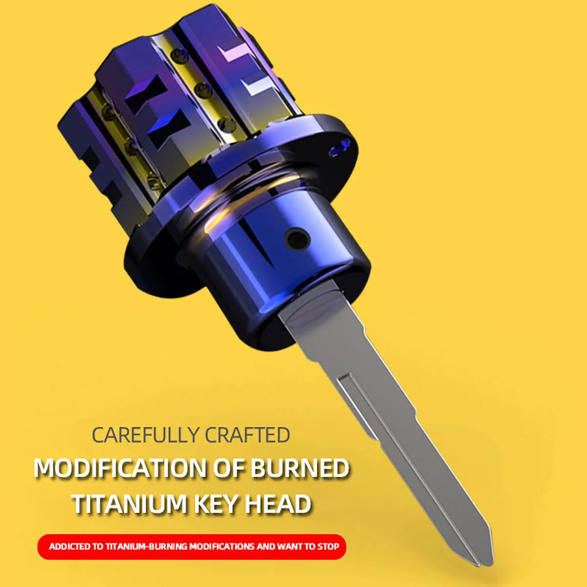 A close-up view of a CNC machined titanium key head modification featuring a sharpened blade tip.