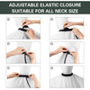 Adjustable elastic closure suitable for all neck sizes shown in various application angles.
