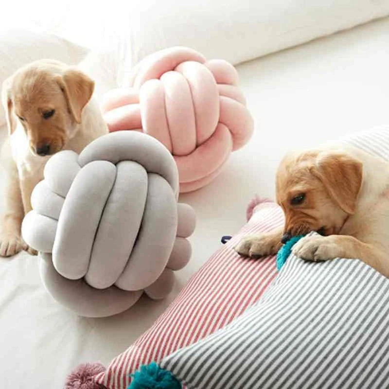 A golden puppy rests near several soft, pink and gray knitted velvet throw pillows on a white surface.