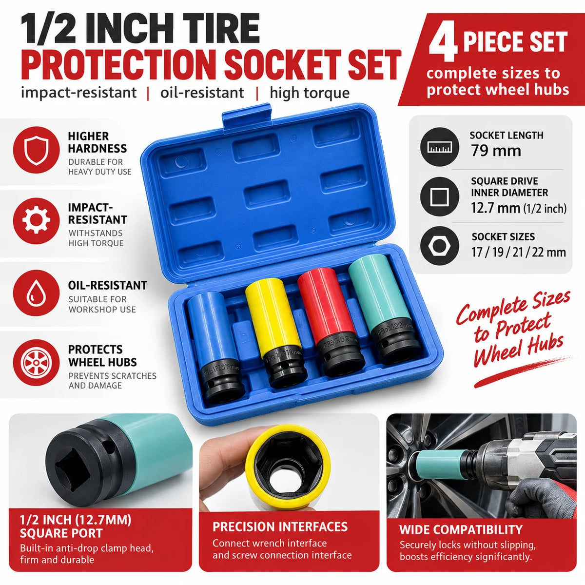 Impact Wrench Socket Set with Protective Sleeves (15-22mm)