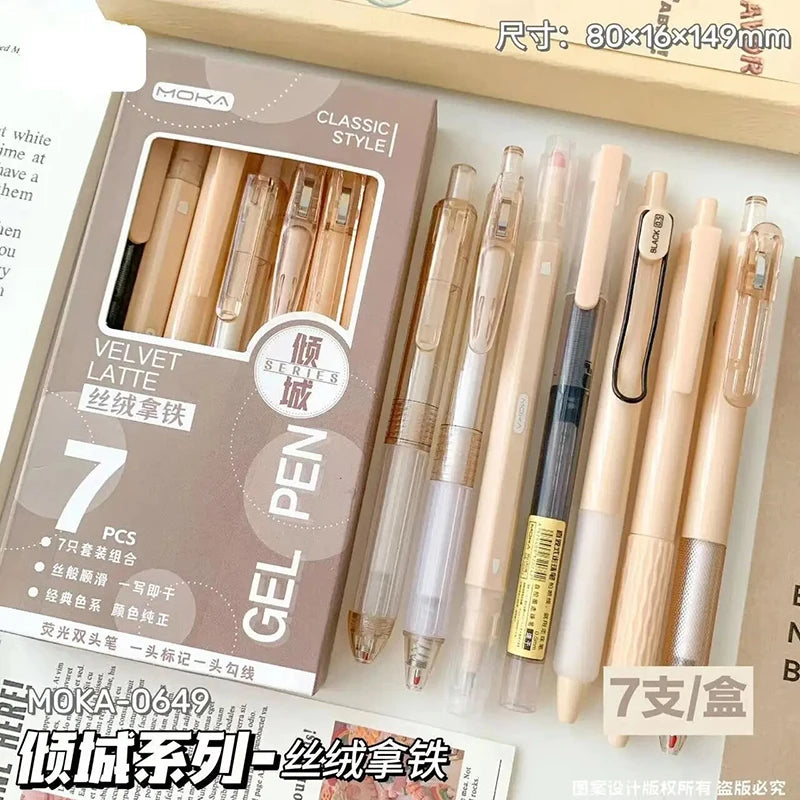 A pack of seven minimalist clear gel pens in various shades, displayed in a cardboard box.