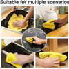 Multiple images showing yellow microfiber cleaning towels being used for various cleaning scenarios.