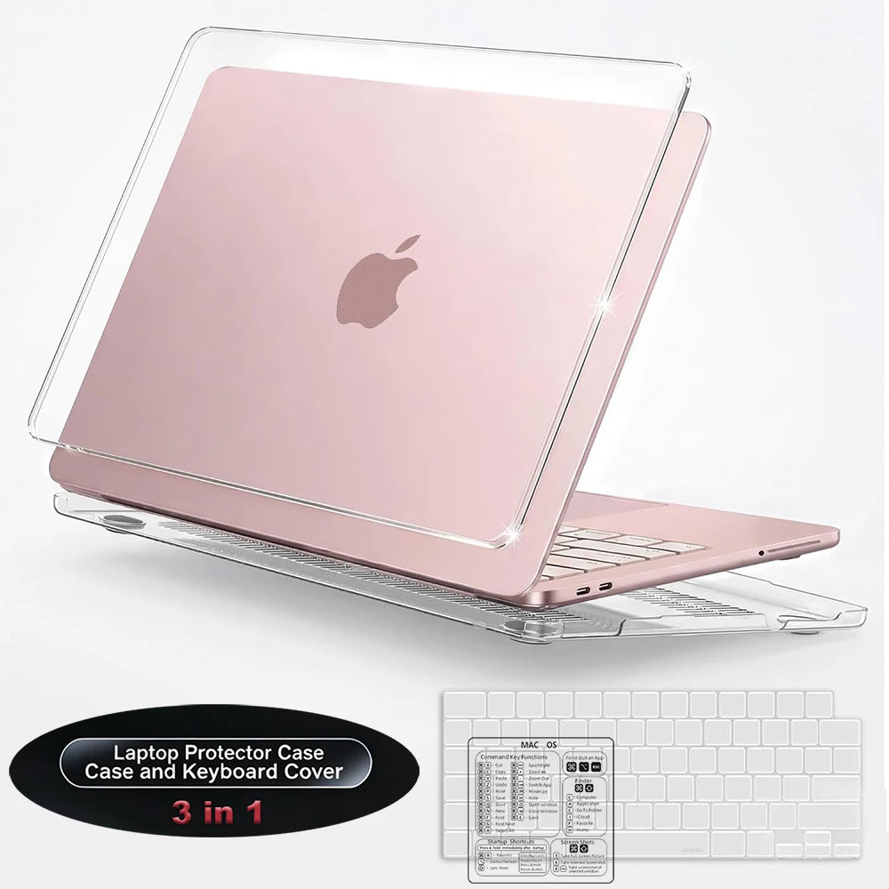 A pink laptop case and keyboard cover for a MacBook, shown with an included silicone protective cover.
