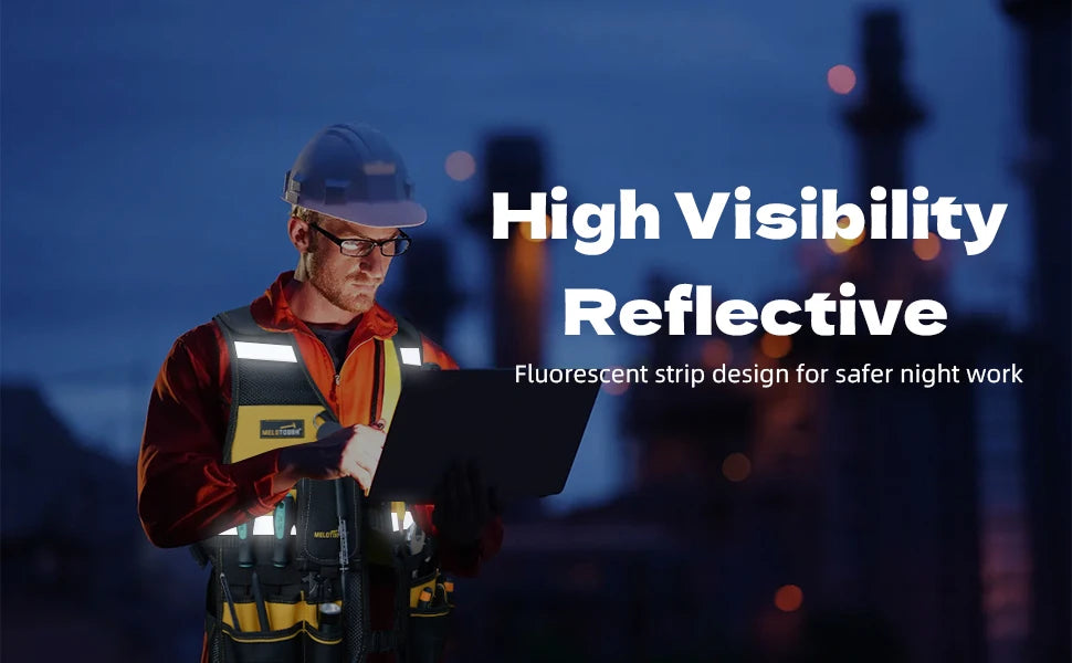 A worker wearing a reflective vest is holding a laptop in a dark, urban night setting.
