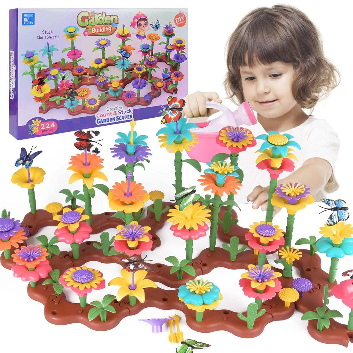 A child is building a colorful flower garden using wooden pieces and plastic flowers.
