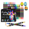 A set of dual-tip acrylic paint markers in various colors and shades displayed next to a black packaging box.
