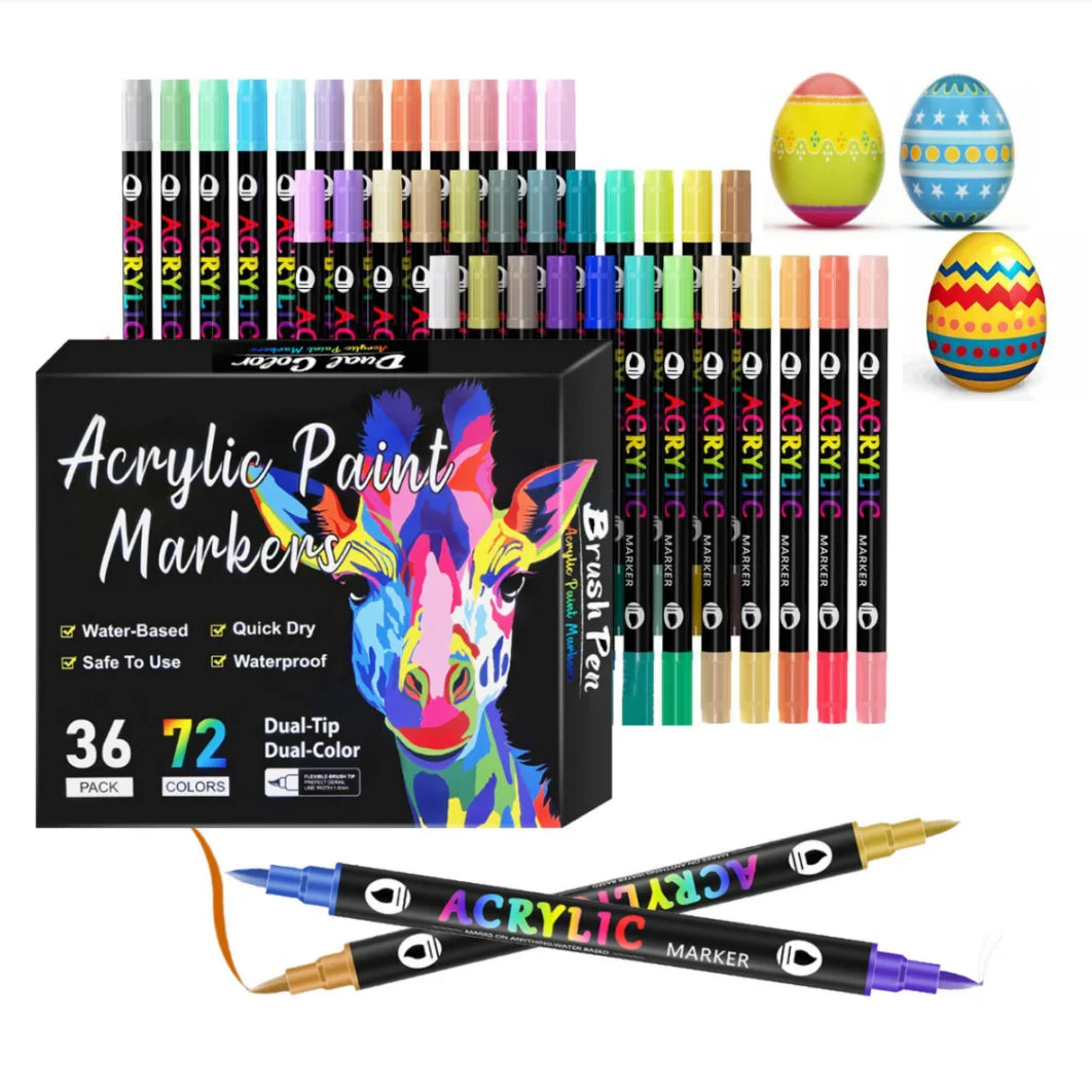 A set of dual-tip acrylic paint markers in various colors and shades displayed next to a black packaging box.